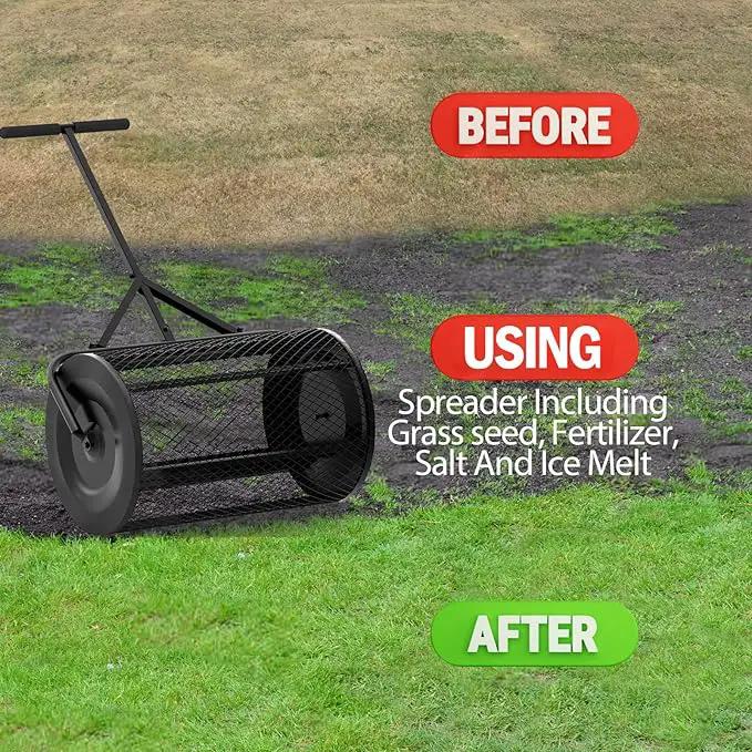 Walensee 24 Inch Compost Spreader Peat Moss Spreader with Upgrade T Shaped Handle for Planting Seeding Durable Lightweight Metal Mesh Spreader for Lawn and Garden Care Manure Spreaders Roller Patented by GreenHaven Gardens