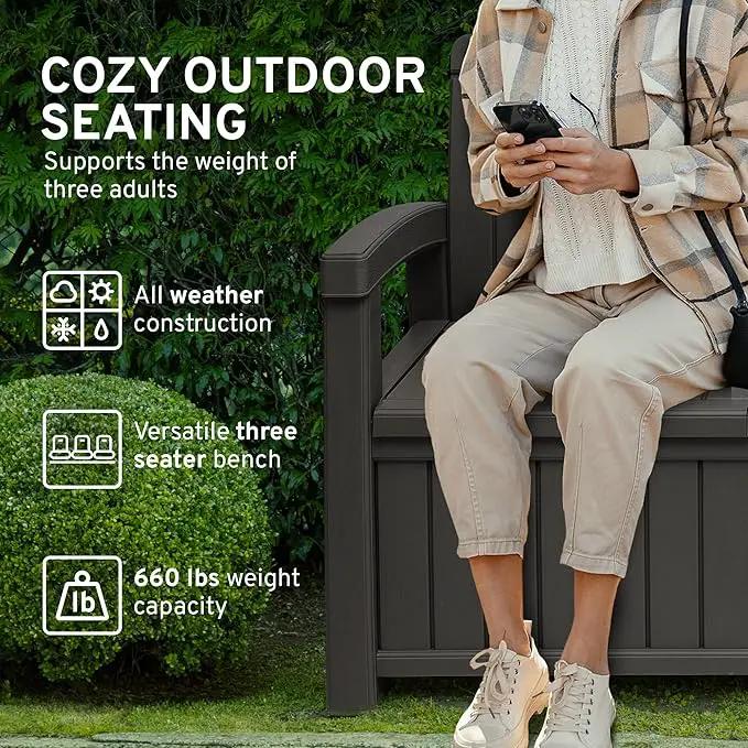 EconoHome 3 Seat Outdoor Storage Bench with Rain Cover - 90 Gallon Capacity - Weatherproof Resin Bench for Patio, Porch, Garden, Yard, Pool Area - Furniture for Pool Accessories, Gardening Tools by GreenHaven Gardens