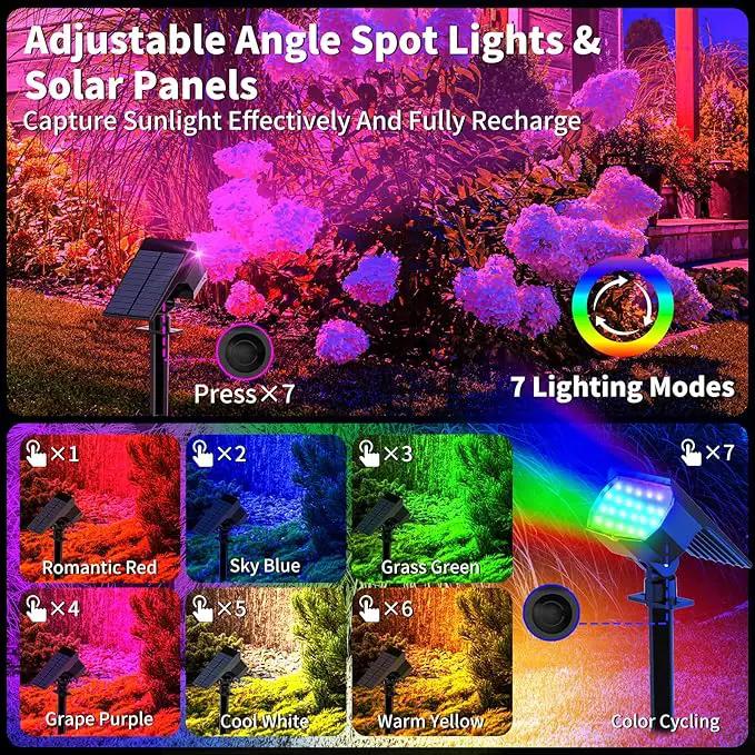 Solar Spot Lights Outdoor Color Changing, [7 Mode/2 Pack] Christmas Landscape Spotlights, Solar Lights Outdoor Waterproof, Solar Led Powered Flood Light for Outside Pathway Yard Garden Walkway by GreenHaven Gardens