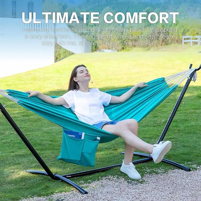 PNAEUT Double Hammocks with Stand for Outside, Portable Space Saving Heavy-Duty Steel Stand for Indoor Outdoor Patio with Carrying Bag, 450 lbs Capacity (Aqua) by GreenHaven Gardens