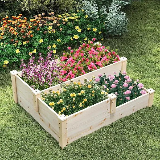 HAPPYGRILL 3-Tier Raised Garden Bed, Wood Elevated Planter Box w/Open-Ended Base, 3 Planting Depths& 2 Arrangement Options for Yard Lawn, Outdoor Planter Raised Beds for Vegetables Herbs Fruits by GreenHaven Gardens