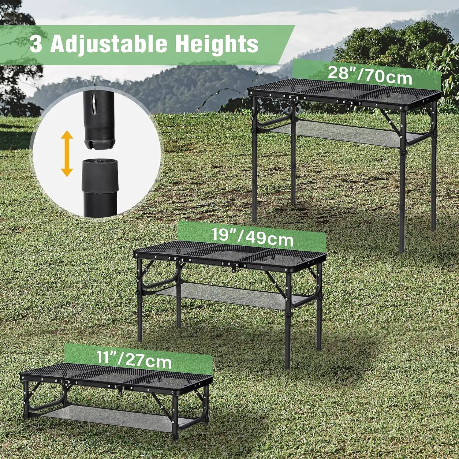 RedSwing Tri-fold Folding Picnic Table, Lightweight Height Adjustable Aluminum Frame Table with Mesh Layer for Outdoor Camping Picnic BBQ, Black by GreenHaven Gardens