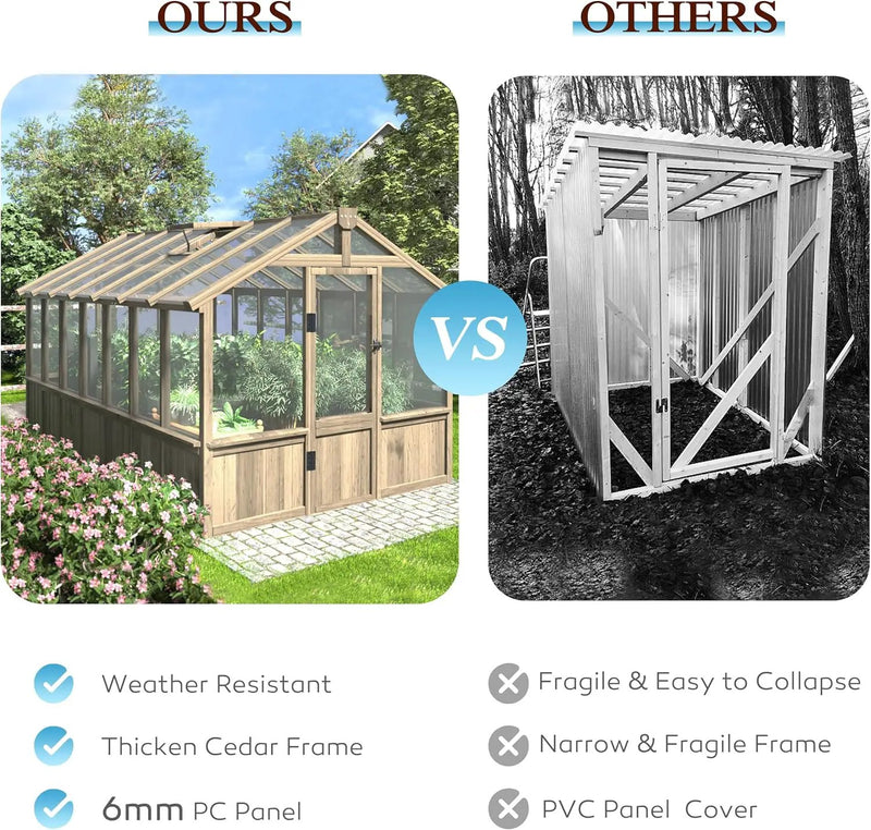 8x14 FT Outdoor Greenhouse Kit, Wooden Greenhouses for Outdoors Walk-in Green House with 6MM Thick Polycarbonate Panel & Adjustable Roof Vents, Backyard Garden, Light Mocha Brown by GreenHaven Gardens