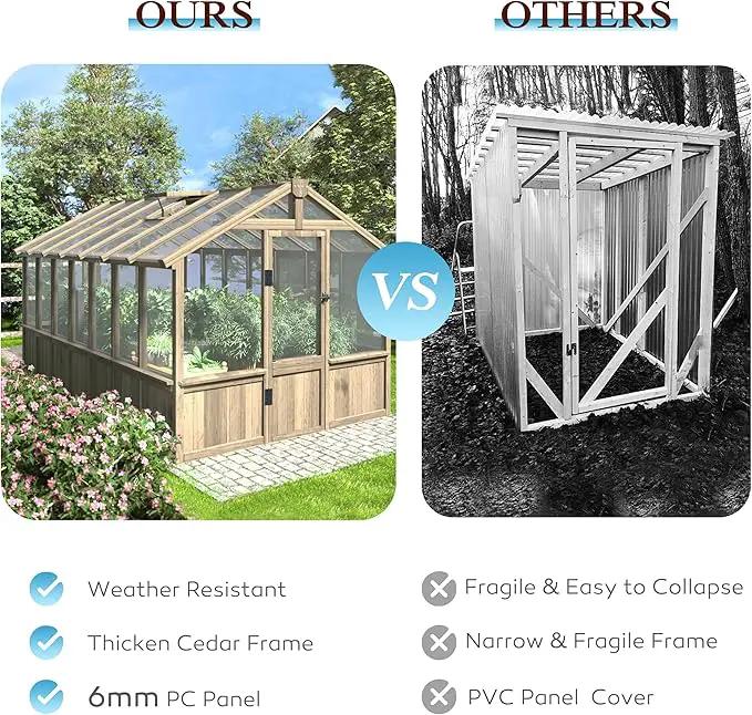 8x14 FT Outdoor Greenhouse Kit, 6MM Thick Polycarbonate Panel Wooden Walk-in Green House with Adjustable Roof Vents & Roof Vents, Backyard Garden, Light Mocha Brown by GreenHaven Gardens