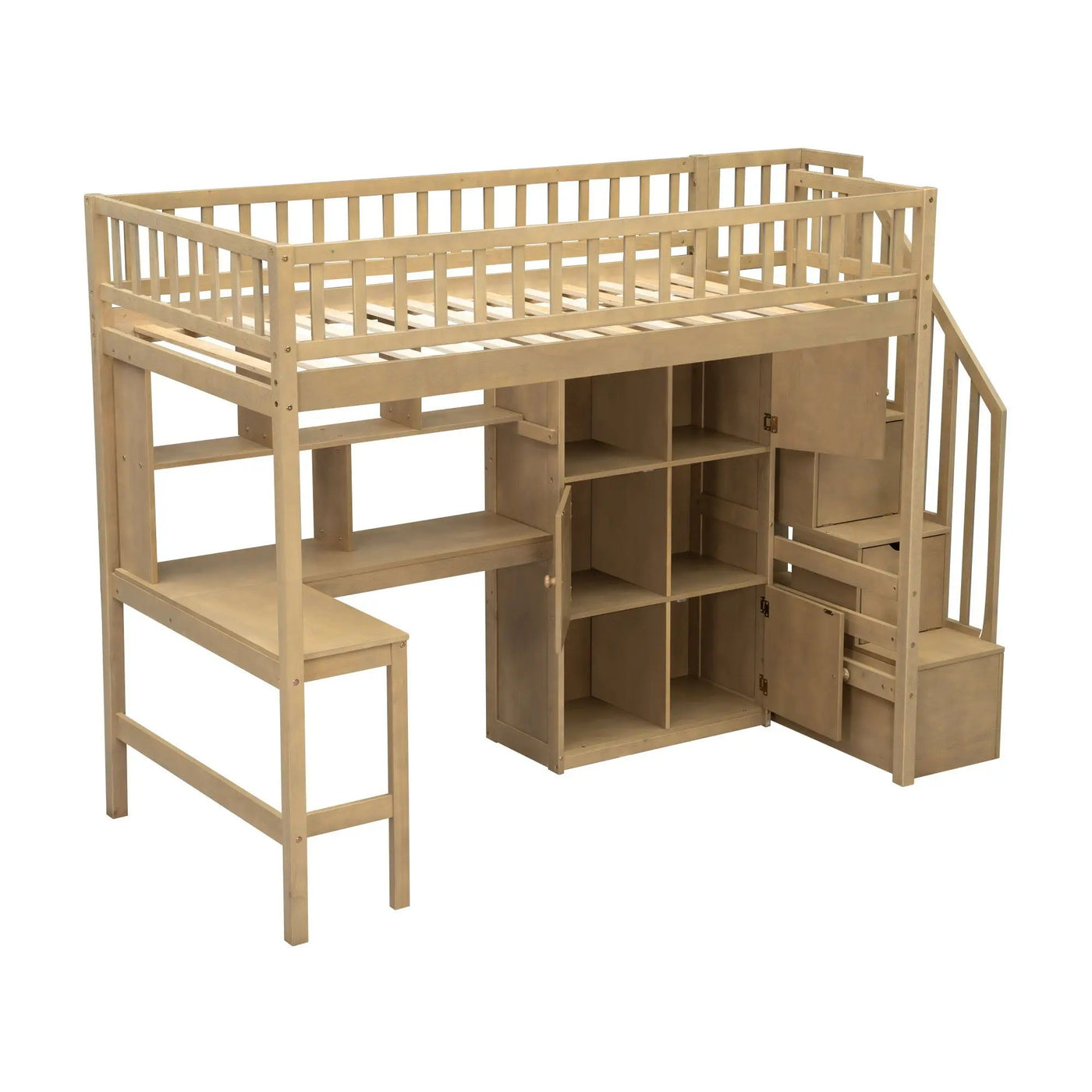 Loft Bed With Built In L Shaped Desk, LED Lights, Storage Shelves, Cabinets, And Staircase by HouseOfZazla