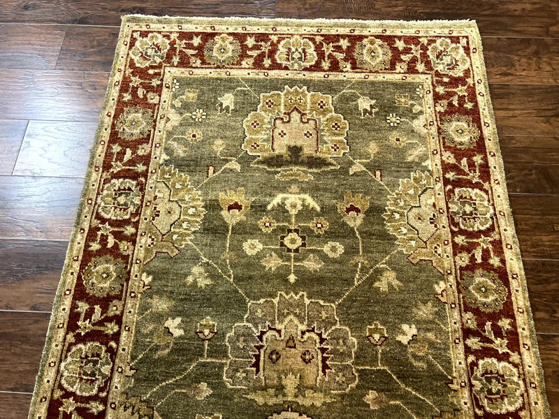 Indo Oushak Rug 4x6, Green and Maroon, Vintage Wool Floral Rug, Indian Agra Rug by Jewel Rugs