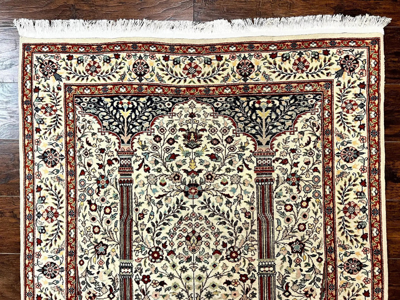 Pak Perisan Prayer Rug 4x6, Tree of LIfe Carpet, Handmade Vintage Wool Rug, Beige, Floral Vases by Jewel Rugs