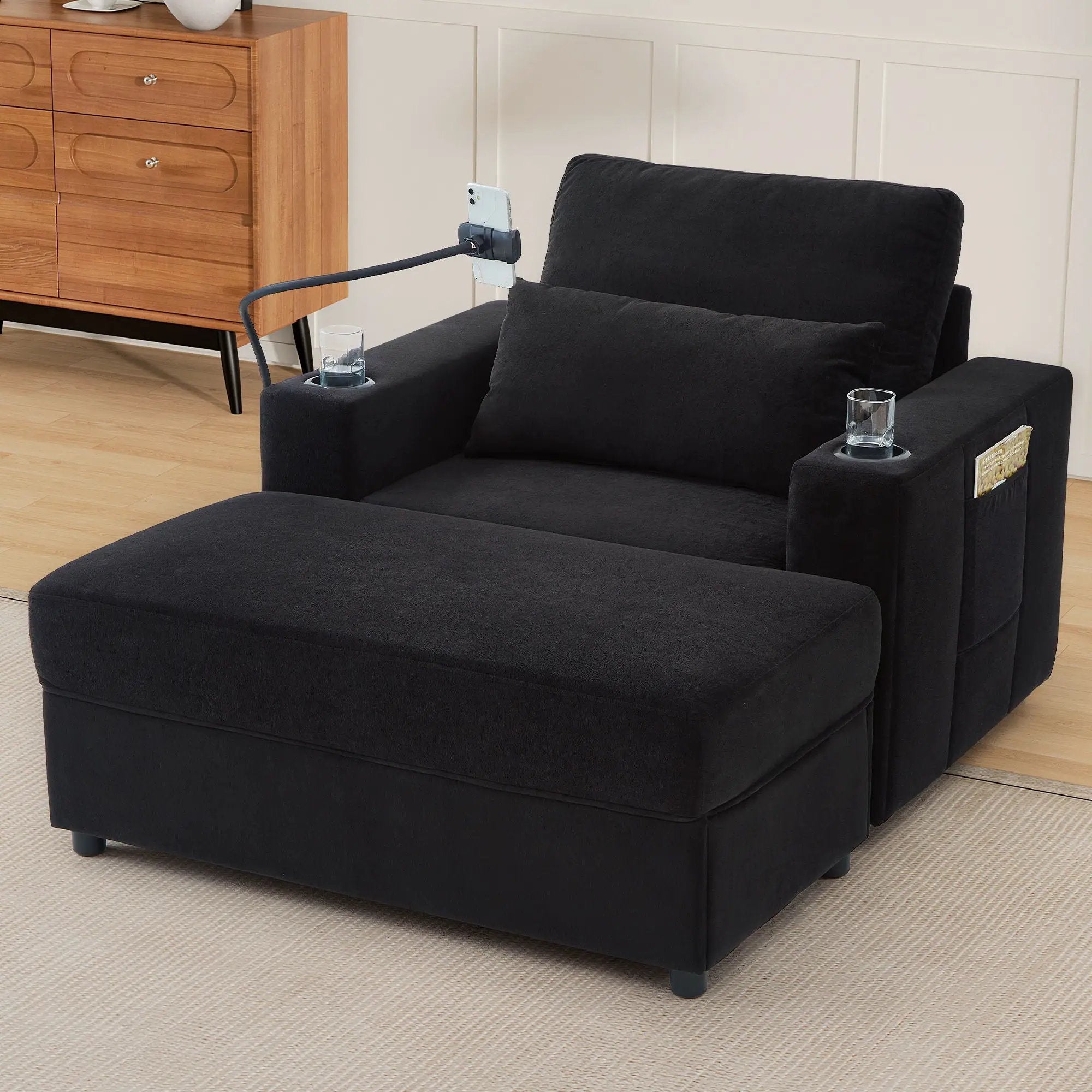 Modern Style Armchair Chaise Lounge Sofa Couch With Movable Storage Ottoman, USB Ports, Cup Holders, Phone Holder, Side Pockets by HouseOfZazla