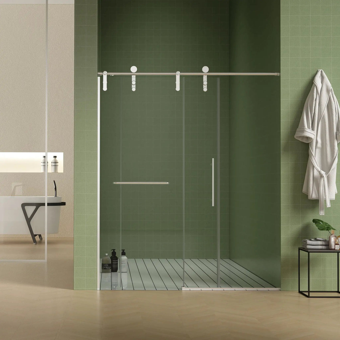Frameless Shower Door, Sliding Shower Door, Premium 5 / 16" (8 Mm) Thick Tempered Glass Shower Enclosure With Towel Bar, Double Side Easy Clean Coat, Finished With Buffer by HouseOfZazla