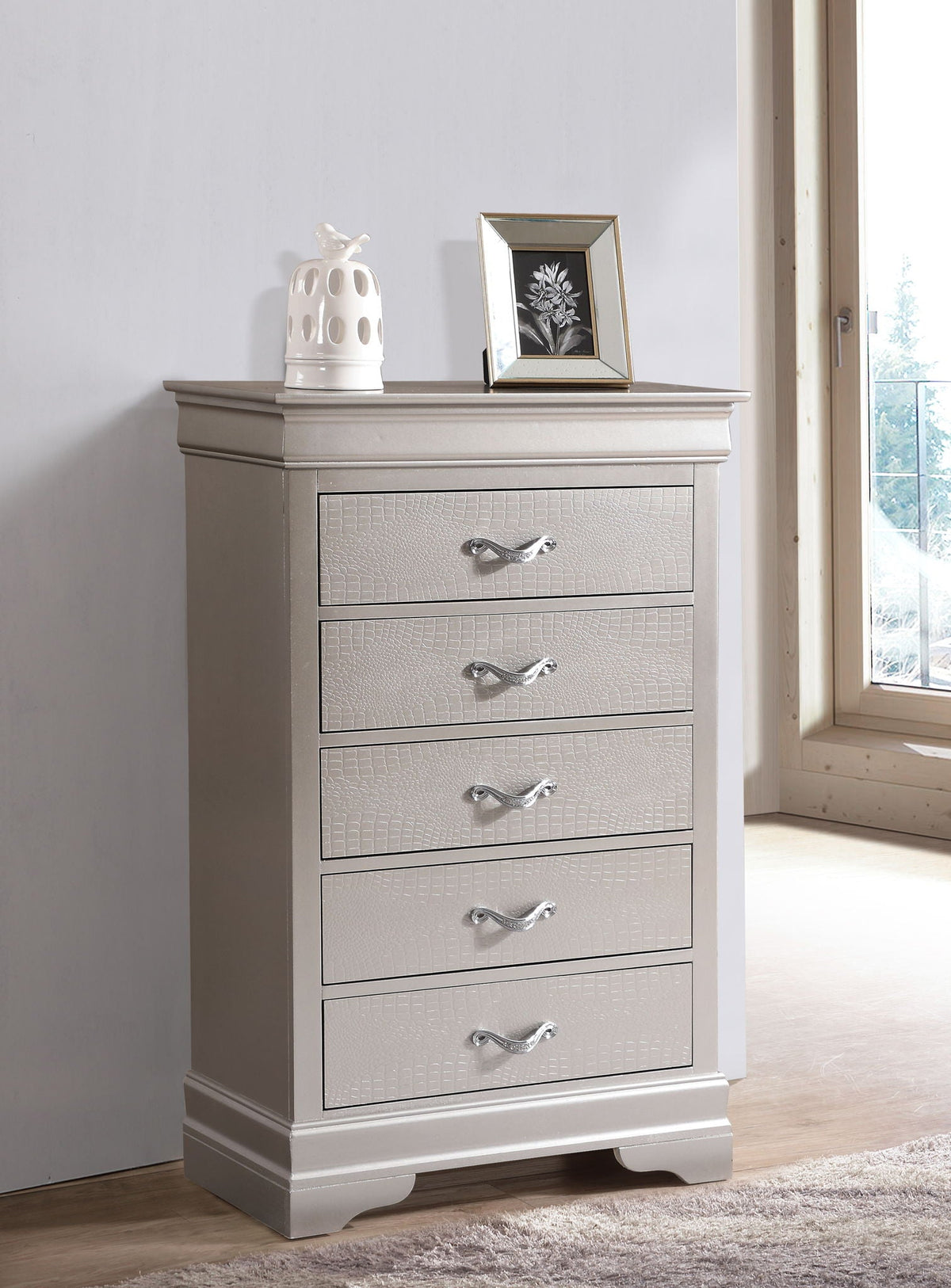 Accent Chest with Embossed Textured Finish and Faux Crystal Pulls - Gray or Pearl Silver, photo 2 of 12