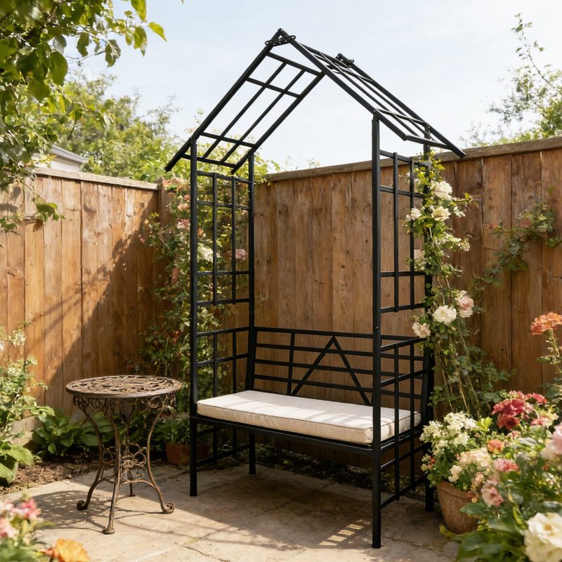 Metal Garden Arch with Bench Turned into Flower Stand by HouseOfZazla