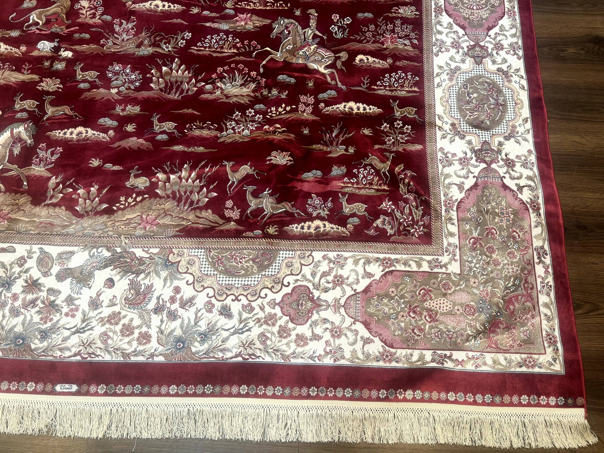 Turkish Silk Rug 8x10, Red & Ivory, Hunting Design, Bamboo Silk, New by Jewel Rugs