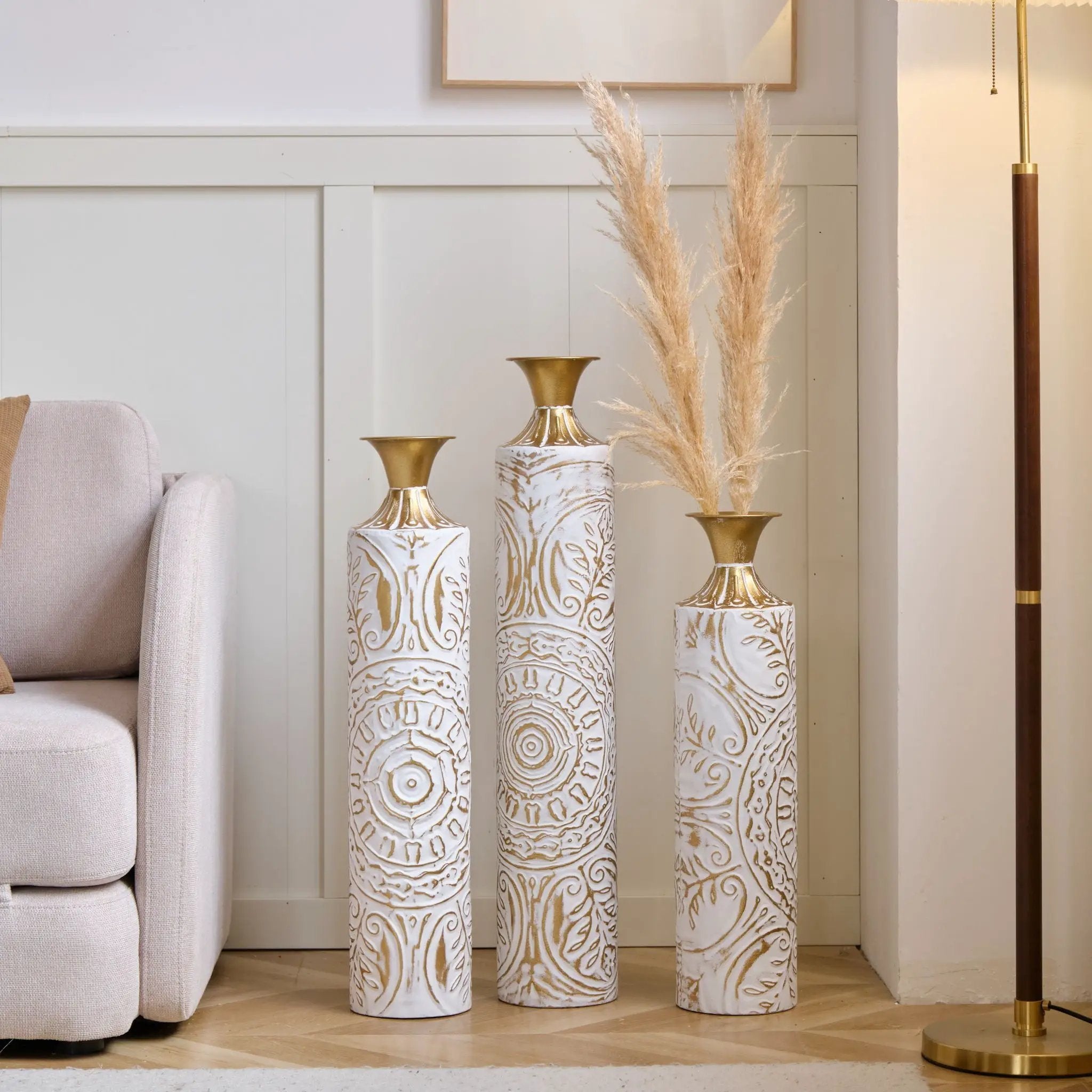 Floor Metal Vases Decorated Metal Vases (Set of 3) Gorgeous Home Decoration Large Glazed Metal Vases - White / Gold by HouseOfZazla