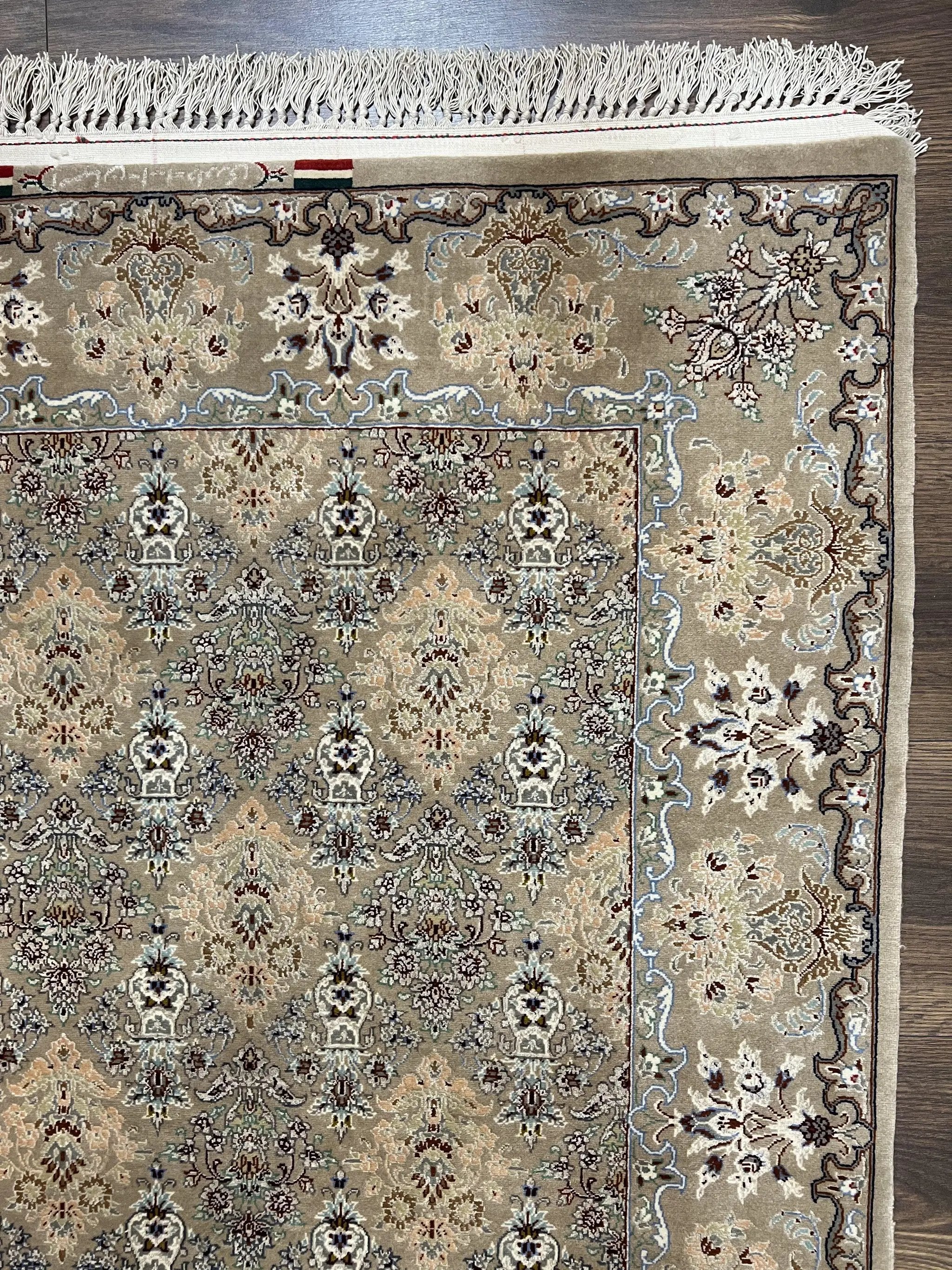 Super Fine Persian Isfahan Rug 3x5 ft, Kork Wool on Silk Foundation, Repeated Floral Motif, Taupe Tan Hand Knotted Oriental Carpet 3 x 5 ft, Signed by Jewel Rugs