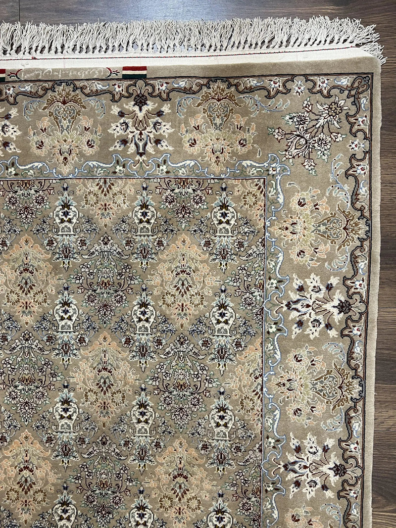 Super Fine Persian Isfahan Rug 3x5 ft, Kork Wool on Silk Foundation, Repeated Floral Motif, Taupe Tan Hand Knotted Oriental Carpet 3 x 5 ft, Signed by Jewel Rugs