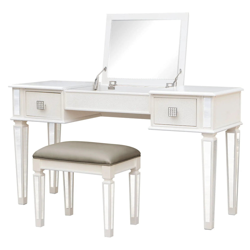 Mirrored Vanity Desk With Drawers And Stool, Flip Up Dressing Table Set For Makeup Room by HouseOfZazla