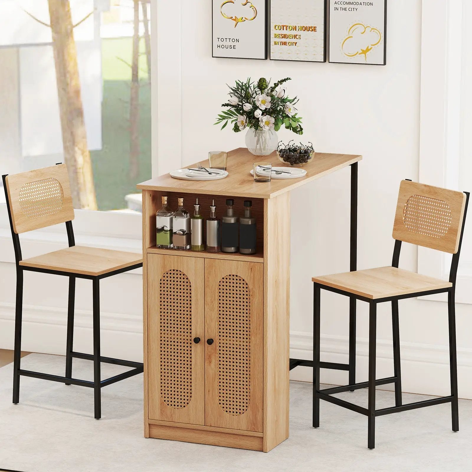 3-Piece Bar Table and Chairs Set with Storage Shelves and Footrests-Natural by DirectDeals