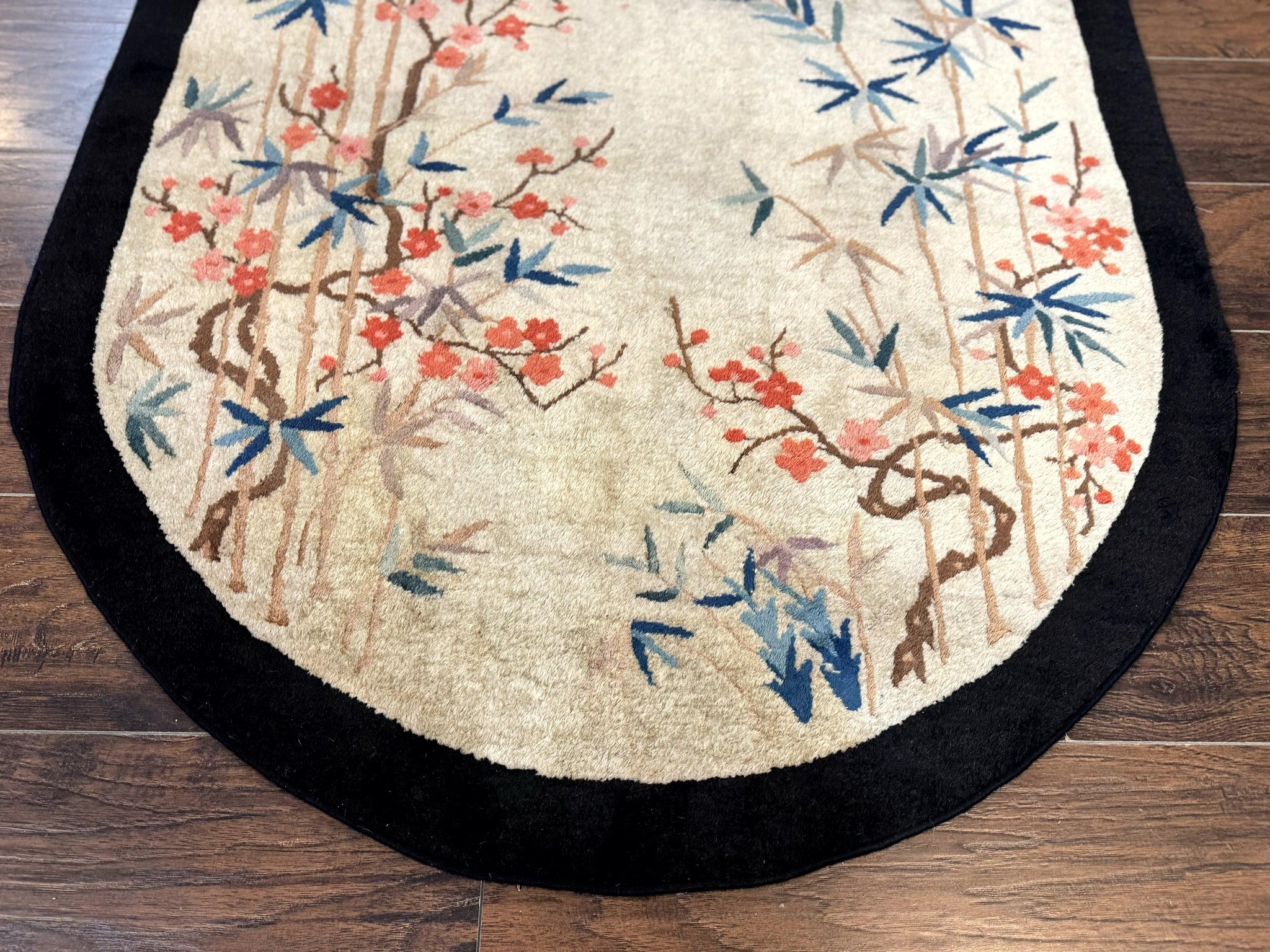 Antique Chinese Oval Rug 3.9 x 6.7, Floral, Butterflies, Chinese Wool Art Deco Peking Carpet, Beige, Handmade by Jewel Rugs