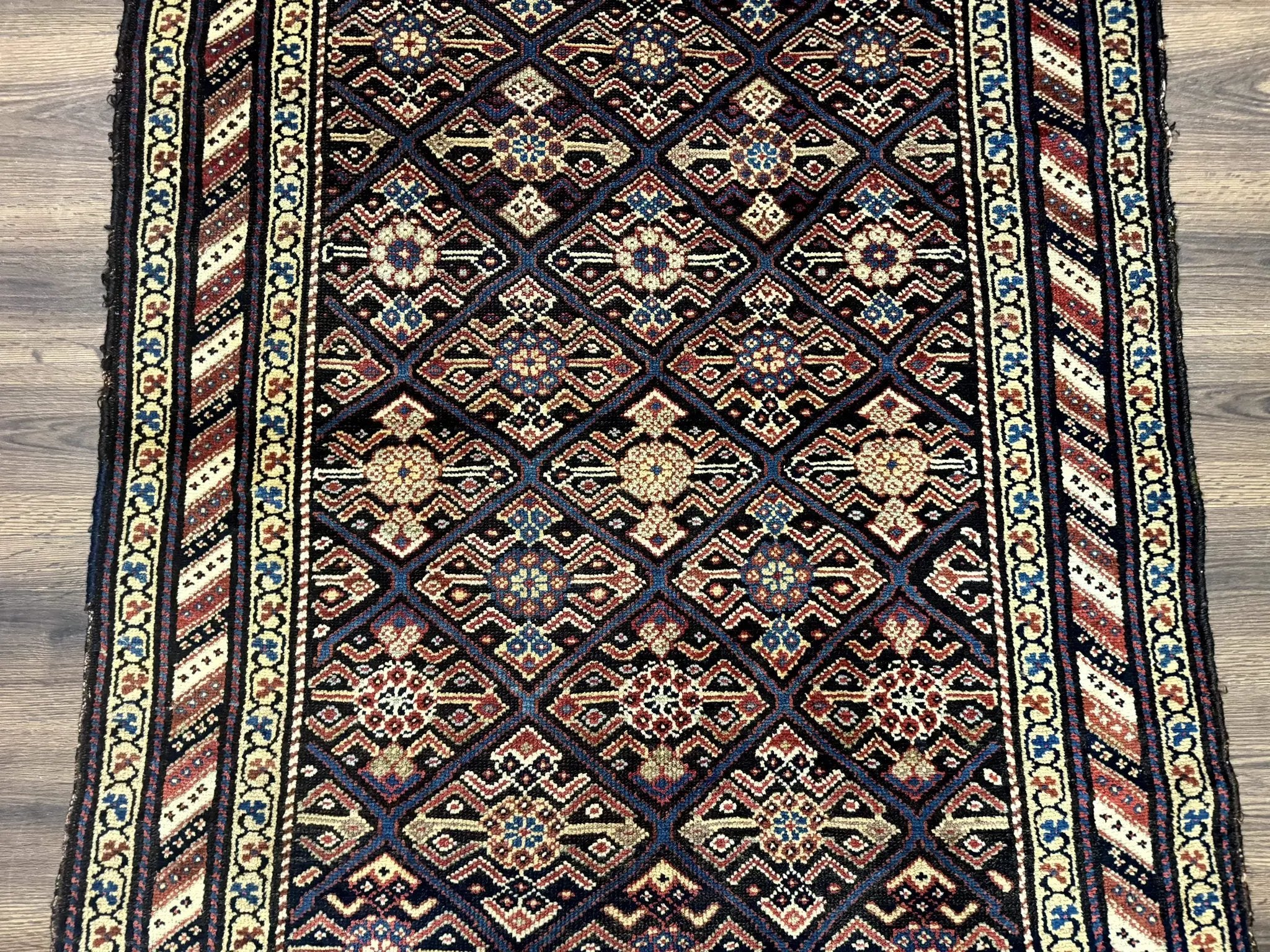 Antique Persian Wide Runner Rug 4x9, Kurdish Rug, Panel Design, Rainbow Border, Rare Tribal Rug by Jewel Rugs