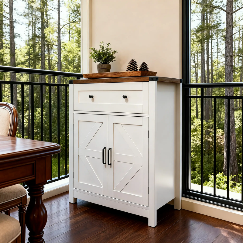 White & Wood-Grain Top Farmhouse Barn-Door Storage Cabinet by HouseOfZazla