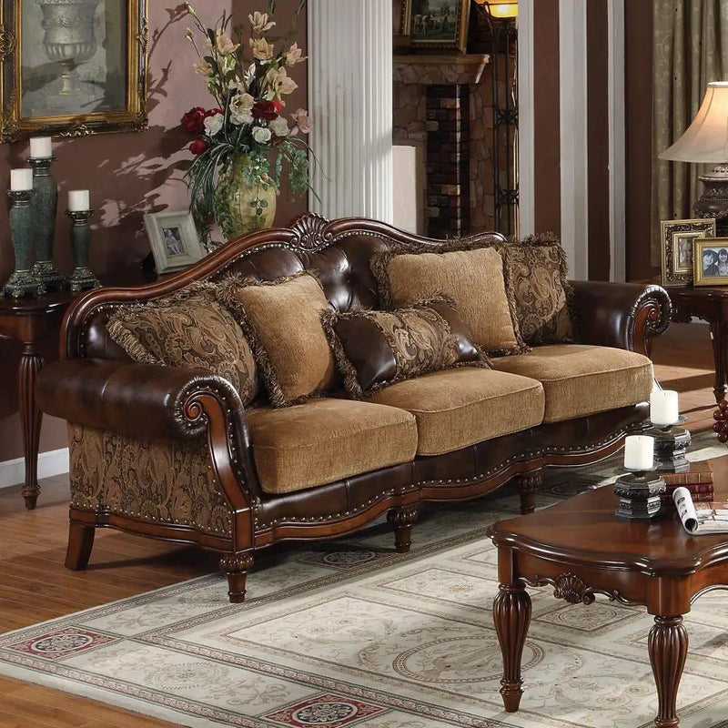 Dreena - Sofa With 5 Pillows - Two Tone Brown Synthetic Leather & Chenille Cherry by Unique Piece Furniture