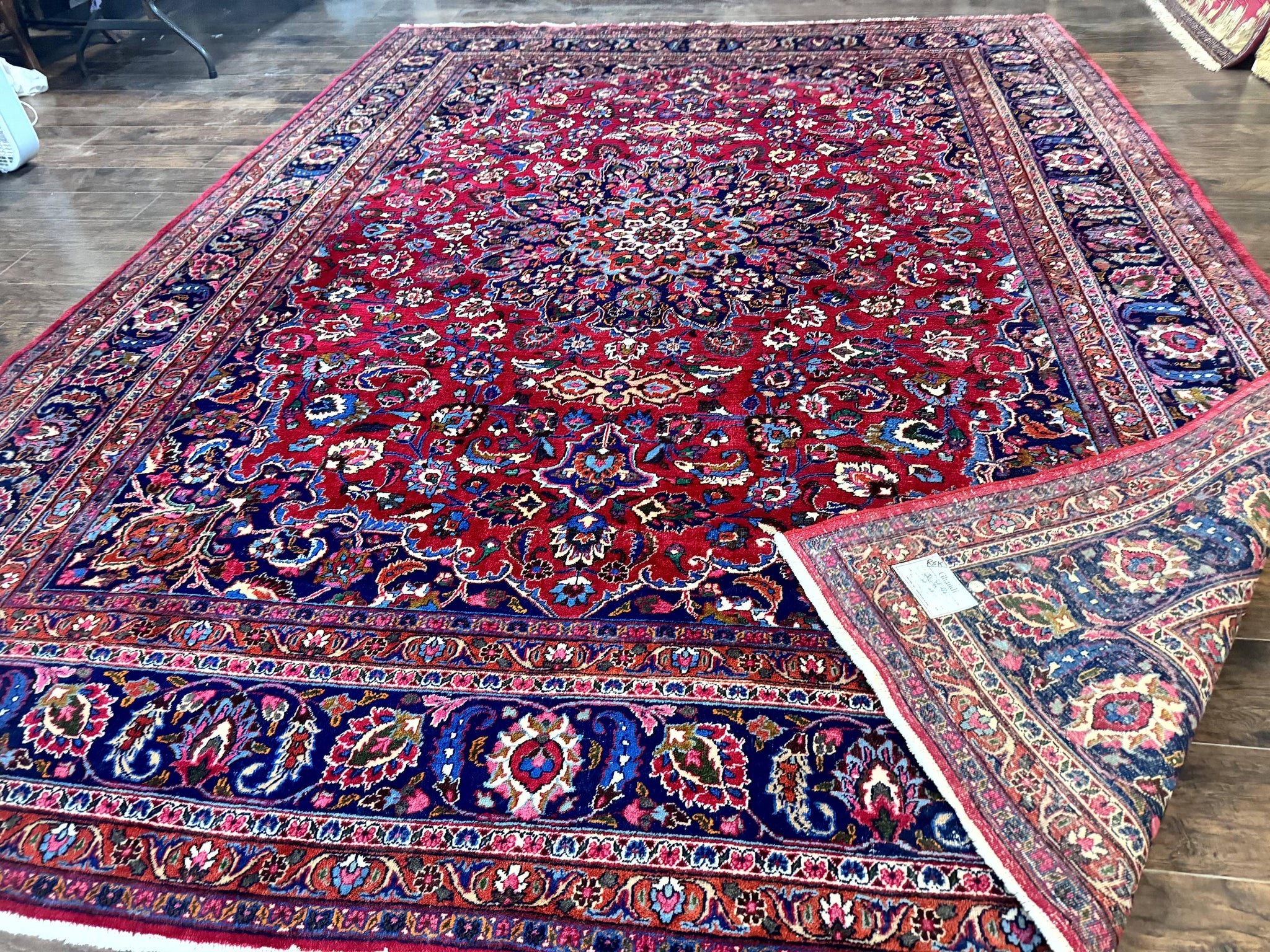 Antique Persian Mashad Rug 10x13, Red and Navy Blue, Great Colors, Signed By Masterweaver, Floral Medallion, Handmade Wool Persian Carpet by Jewel Rugs