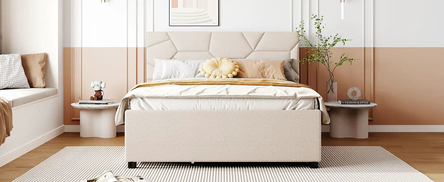 Upholstered Platform Bed With Brick Pattern Headboard And Twin Long Size Trundle by HouseOfZazla