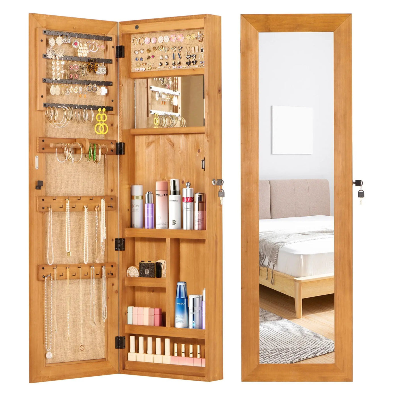 Jewelry Armoire Organizer With Full Length Mirror, Wall Mounted Lockable Cabinet With LED Light by HouseOfZazla