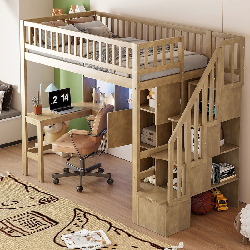 Loft Bed With Built In L Shaped Desk, LED Lights, Storage Shelves, Cabinets, And Staircase by Unique Piece Furniture