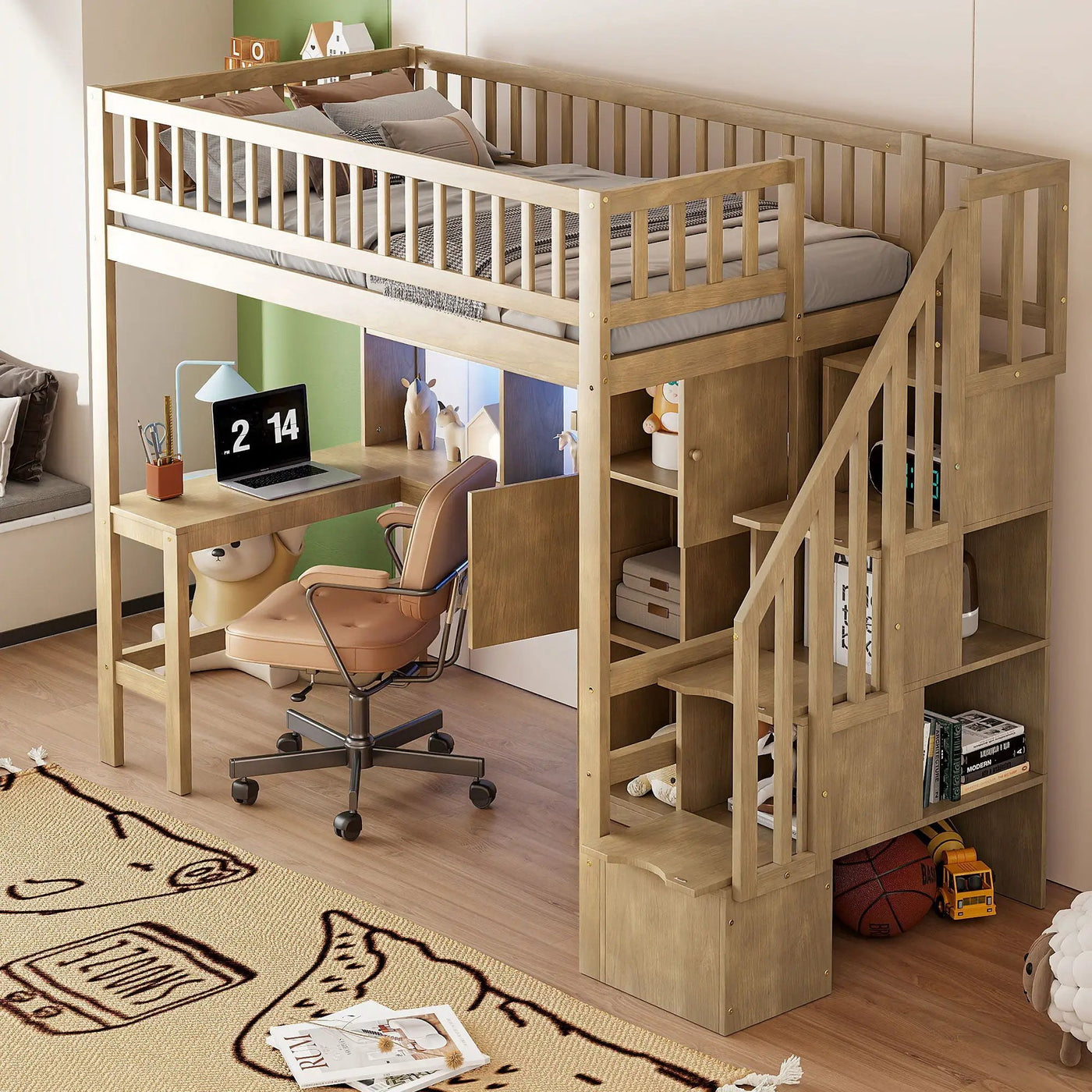 Loft Bed With Built In L Shaped Desk, LED Lights, Storage Shelves, Cabinets, And Staircase by HouseOfZazla