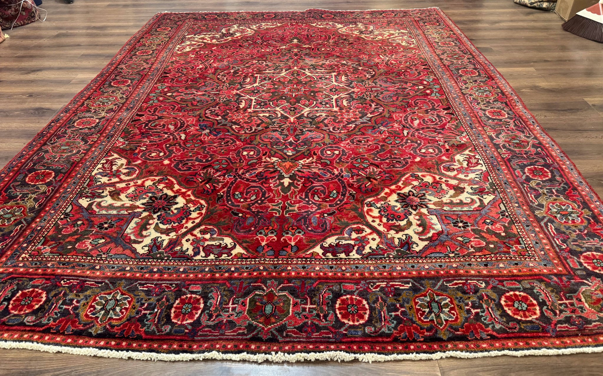 Persian Heriz Rug 7x10, Red and Navy, Geometric Medallion, Vintage Wool Carpet by Jewel Rugs