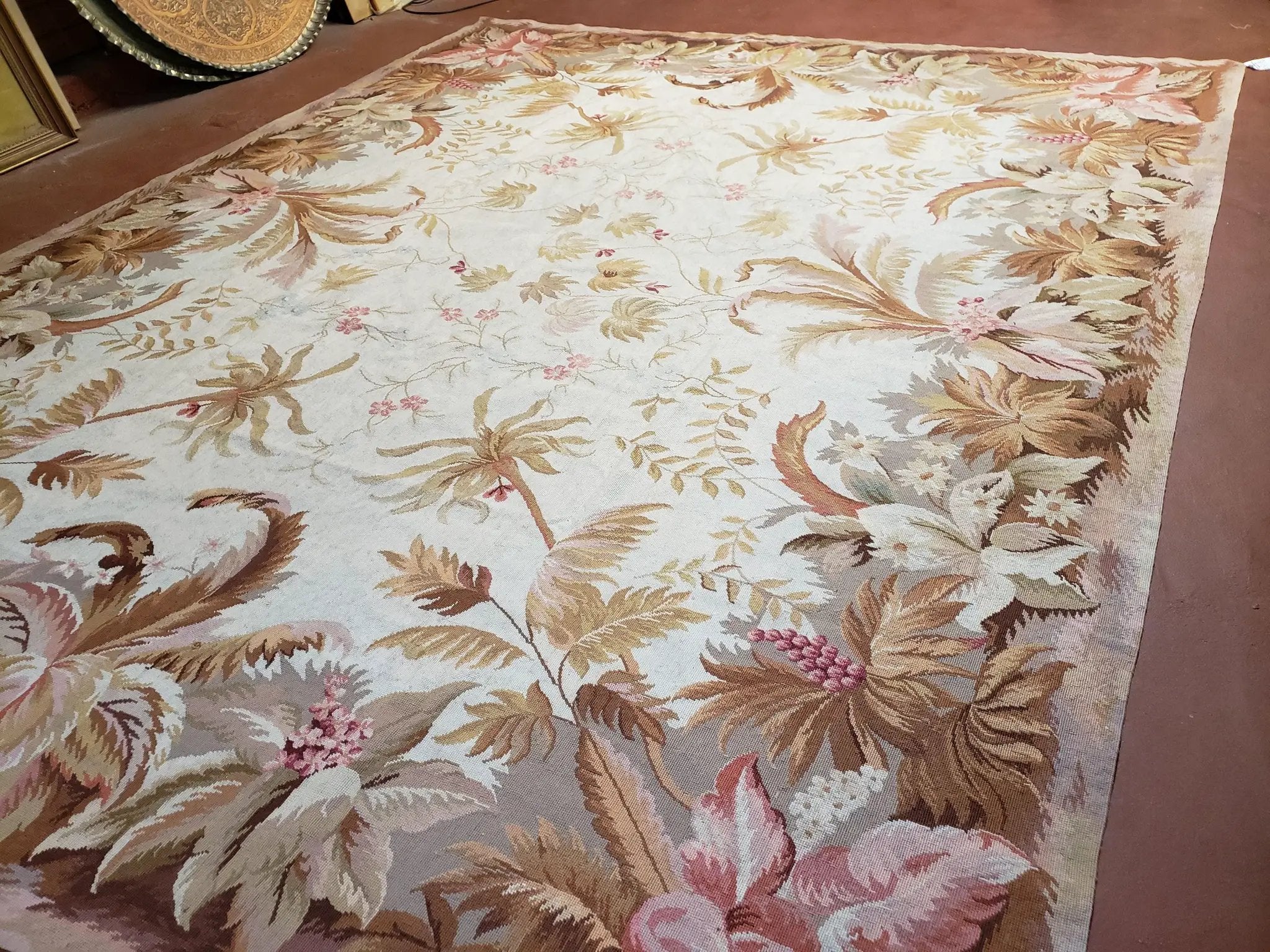 7' 7" x 9' 8" Needlepoint Rug Floral Beige Flat Weave Carpet 8x10 Handmade New Area Rug by Jewel Rugs
