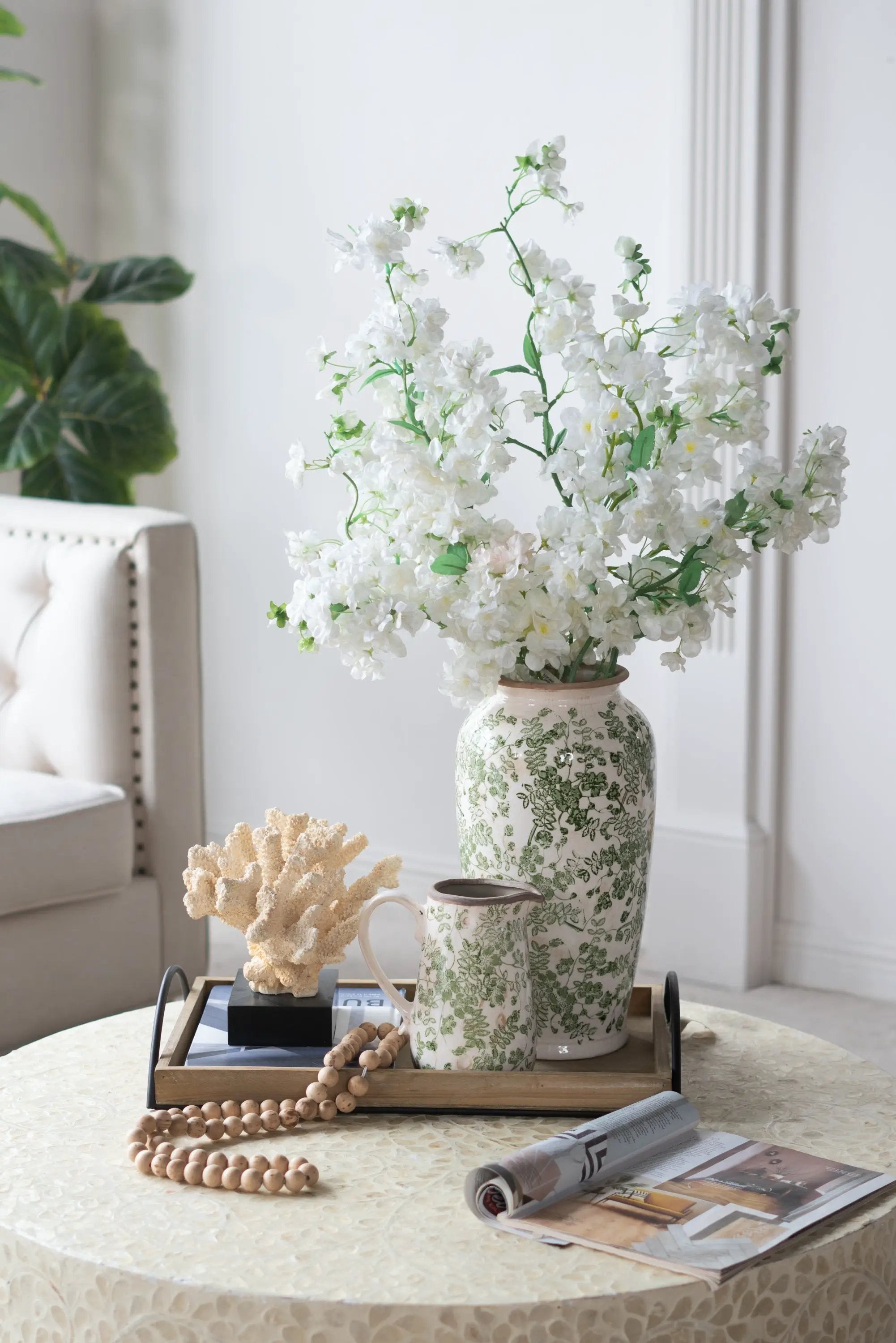 7.7x7.7x14.6' White Ceramic Flower Vase with Green Floral Pattern by HouseOfZazla