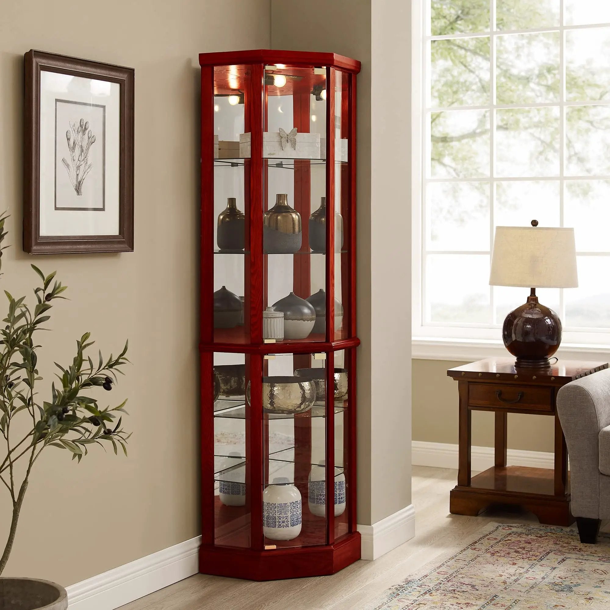 6 Shelf Lighted Corner Curio Cabinet With Adjustable Tempered Glass Shelves And Mirror Back (E26 Light Bulb Not Included) by Unique Piece Furniture