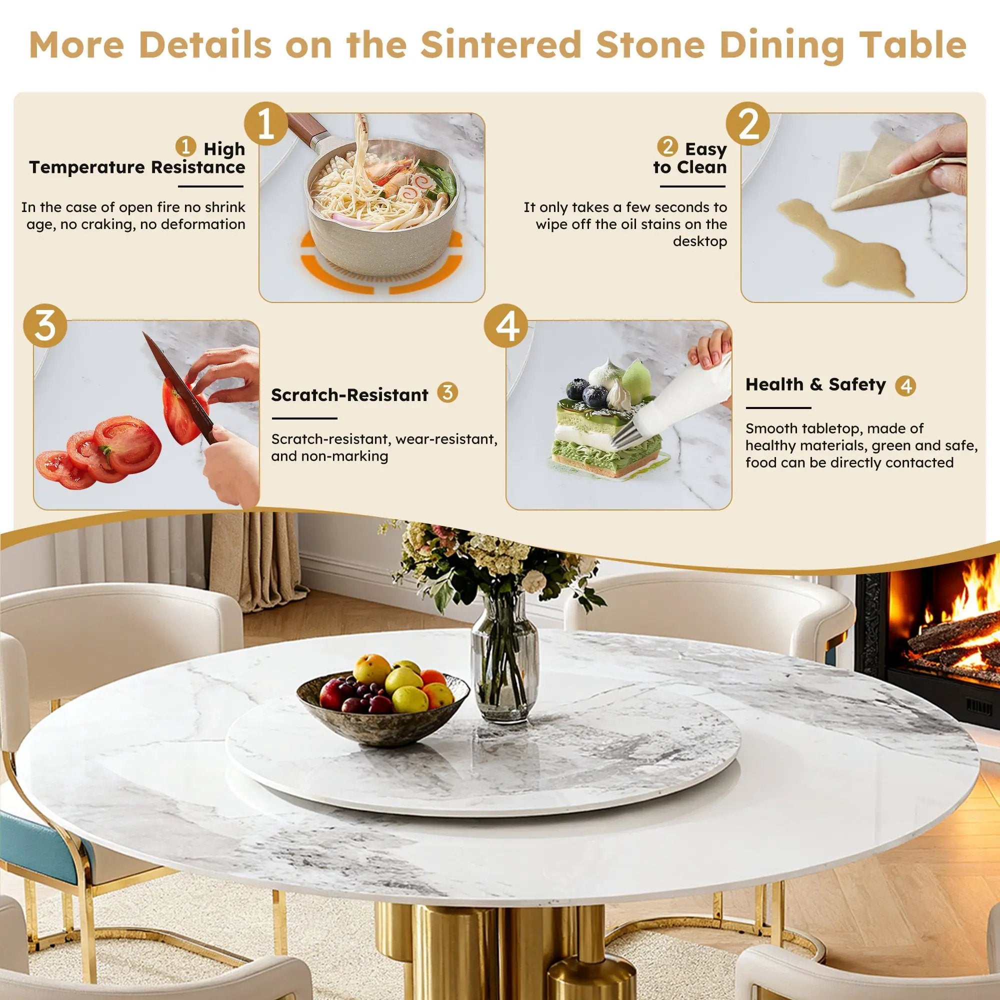 59" Round Sintered Stone Dining Table Set by HouseOfZazla
