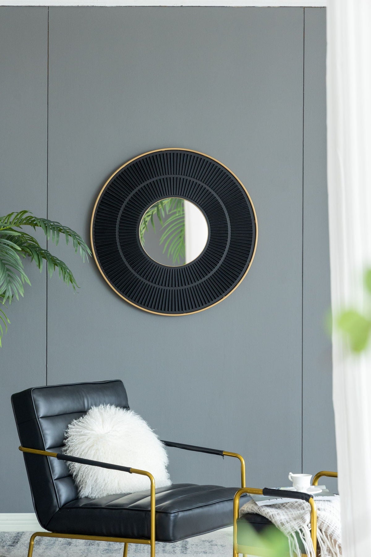 Round Wooden Wall Mirror with Iron Frame - Neutral Colorway, photo 14 of 21