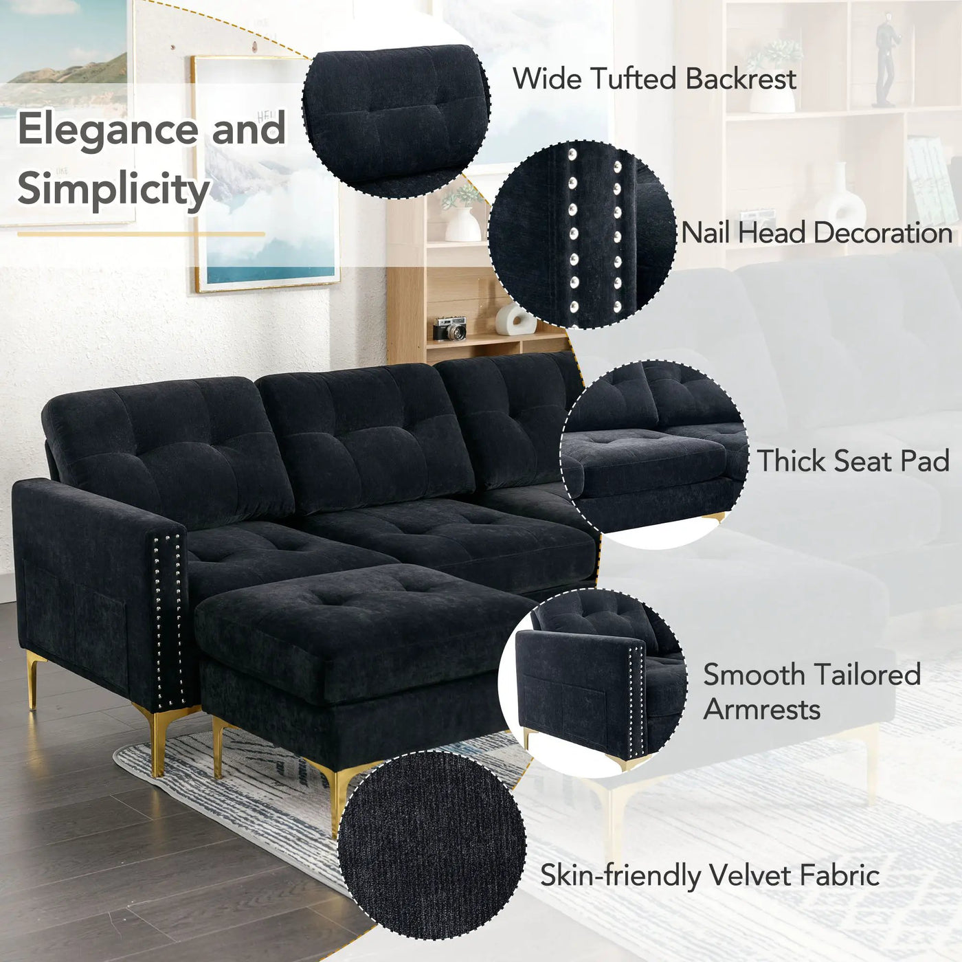 Modern L - Shape Convertible Sectional Sofa With Movable Ottoman by Unique Piece Furniture
