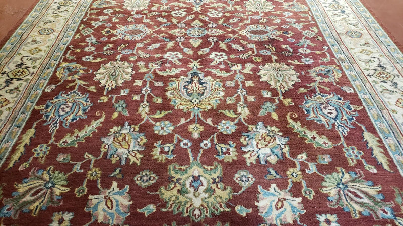 8x12 Indo-Mahal Rug, Floral Allover, Red & Beige, Wool Vintage Handmade Traditional Carpet by Jewel Rugs