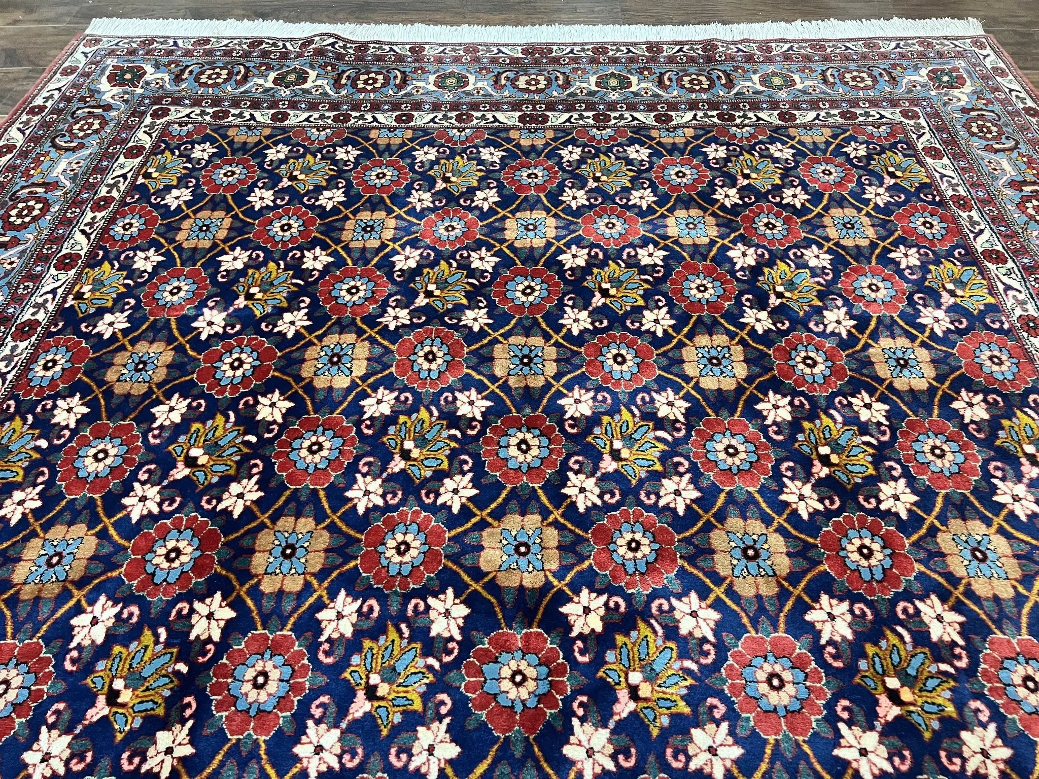 Persian Veramin Rug 7x11, Repeated Allover Pattern, Handmade Vintage Carpet, Navy Blue by Jewel Rugs