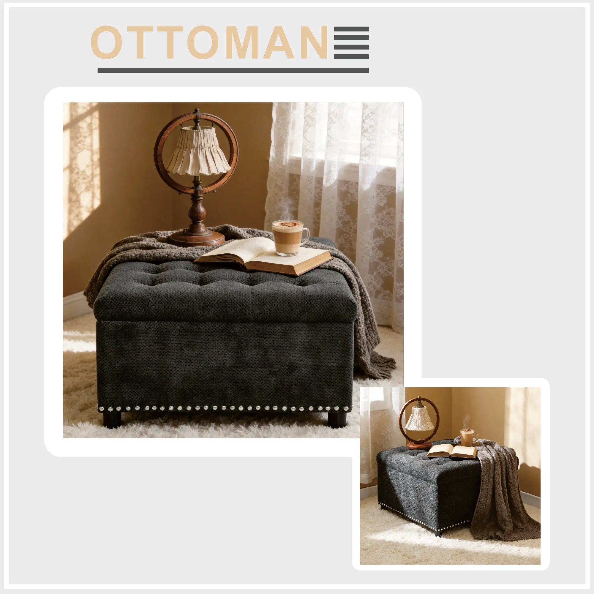 Tufted Storage Ottoman with Nailhead Trim - Dark by HouseOfZazla