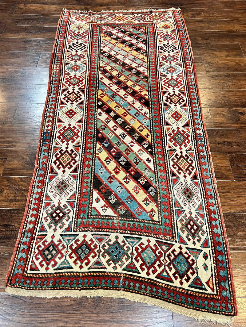 Caucasian Kazak Runner Rug 3.6 x 8, Wool Hand Knotted Antique 1880s Carpet, Ivory & Multicolor Stripes Oriental Runner Rug, Hallway Rug by Jewel Rugs