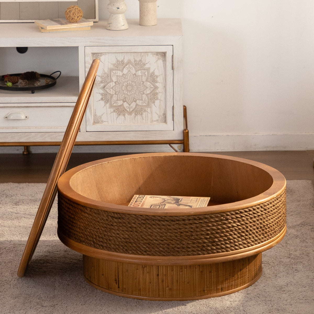 31.5" Round Retro Coffee Table With Flip-top Cover - Hemp Rope + Rattan,Featuring a Vintage, photo 3 of 10