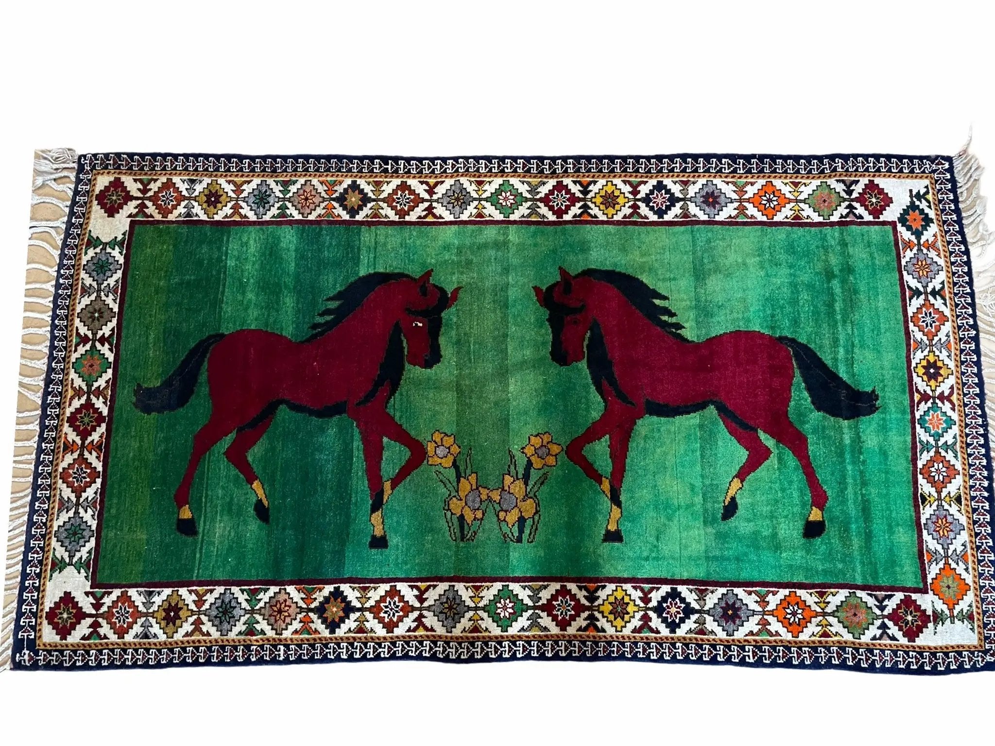 4 X 7 Handmade Rug Zagros Quality Wool Pictorial Horses Green Butterfly Colorful by Jewel Rugs