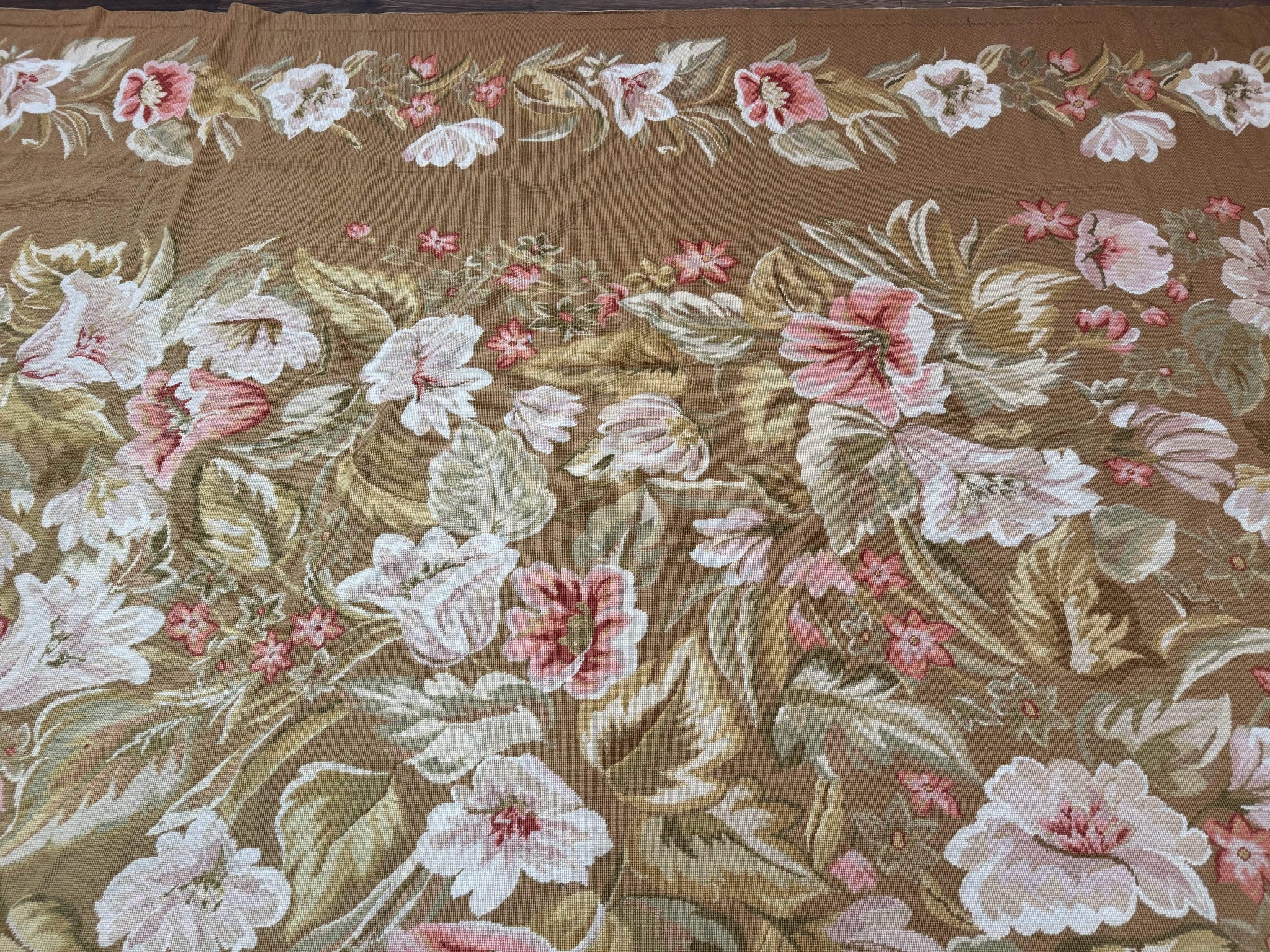 Large Needlepoint Rug 11x14, Vintage Floral Wool Carpet, Caramel by Jewel Rugs