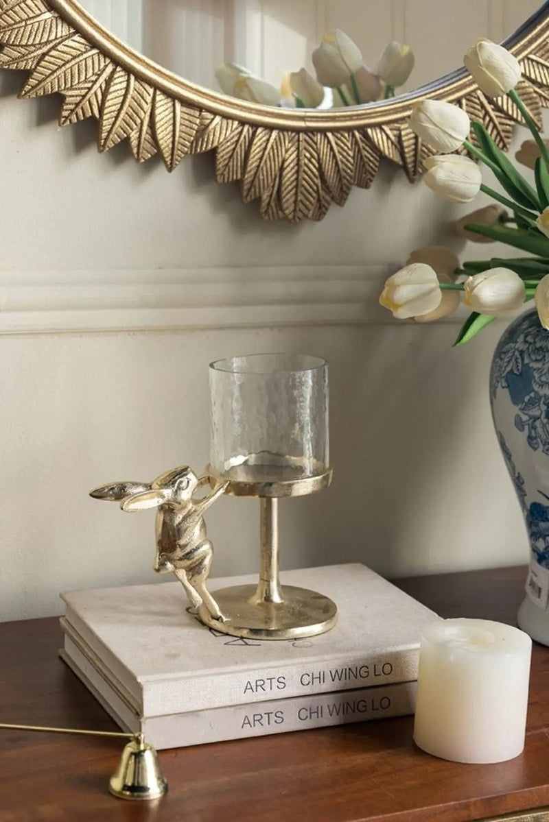 7x4x7.5' Gold Rabbit Pillar Candle Holder with Clear Glass Hurricane Shade by HouseOfZazla