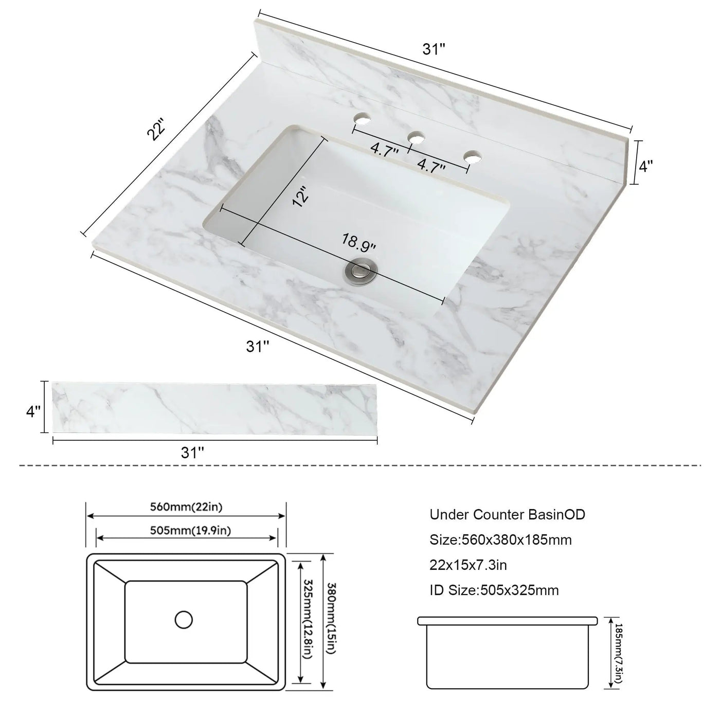 Elegant Sintered Stone Bathroom Vanity Top With Rectangular Undermount Ceramic Sink by HouseOfZazla