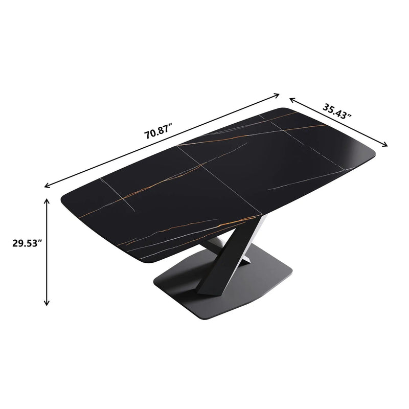 70.87" Modern Artificial Stone Black Curved Black Metal Leg Dining Table, Can Accommodate 6-8 People - Black by HouseOfZazla