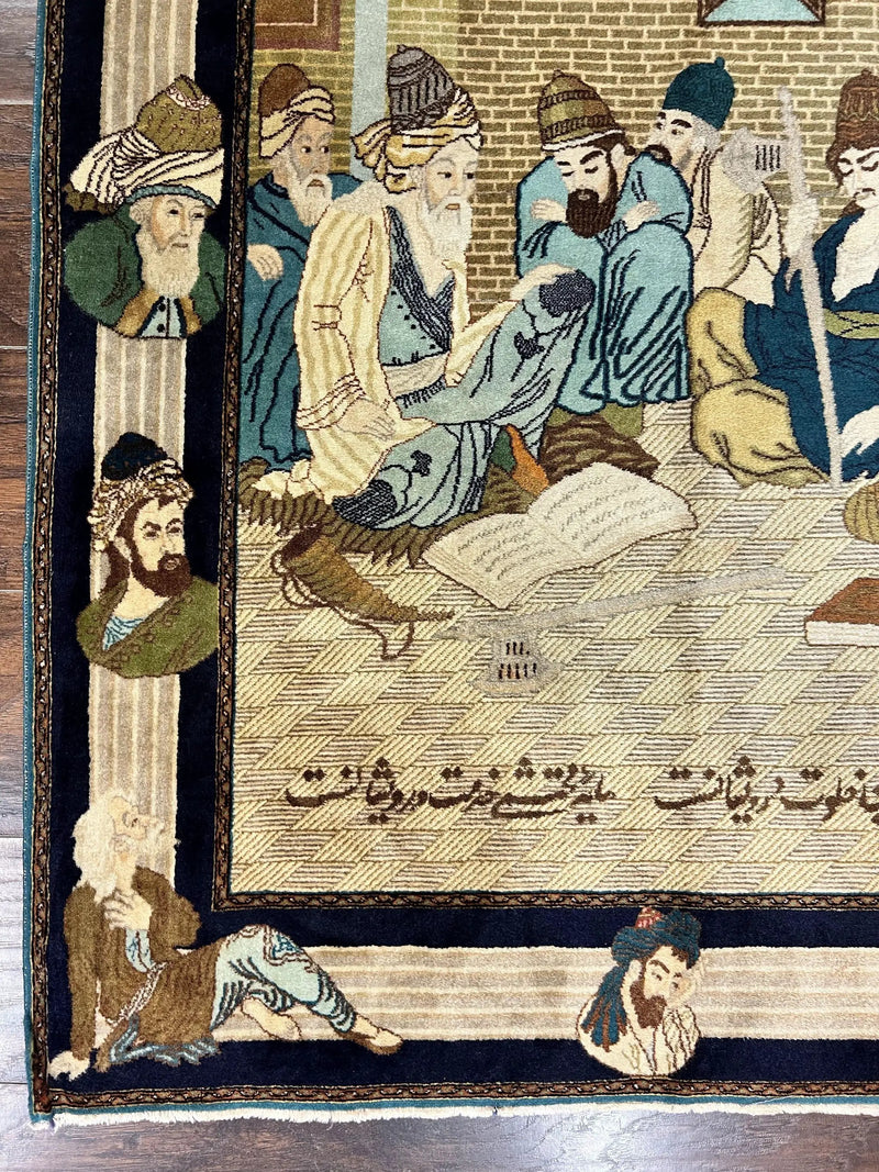 Persian Tabriz Pictorial Rug 3x5, Wall Hanging Carpet, Very Fine 60 Raj 475 KPSI, Hand Knotted Vintage Semi Antique, Wool, Persian Poetry by Jewel Rugs