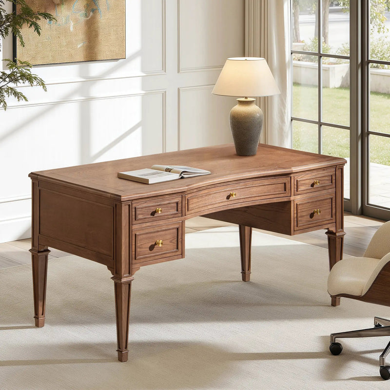 Dauphin Gold Accent 5-Drawer Wood Executive Desk Brown Ash Wood & Veneer by HouseOfZazla