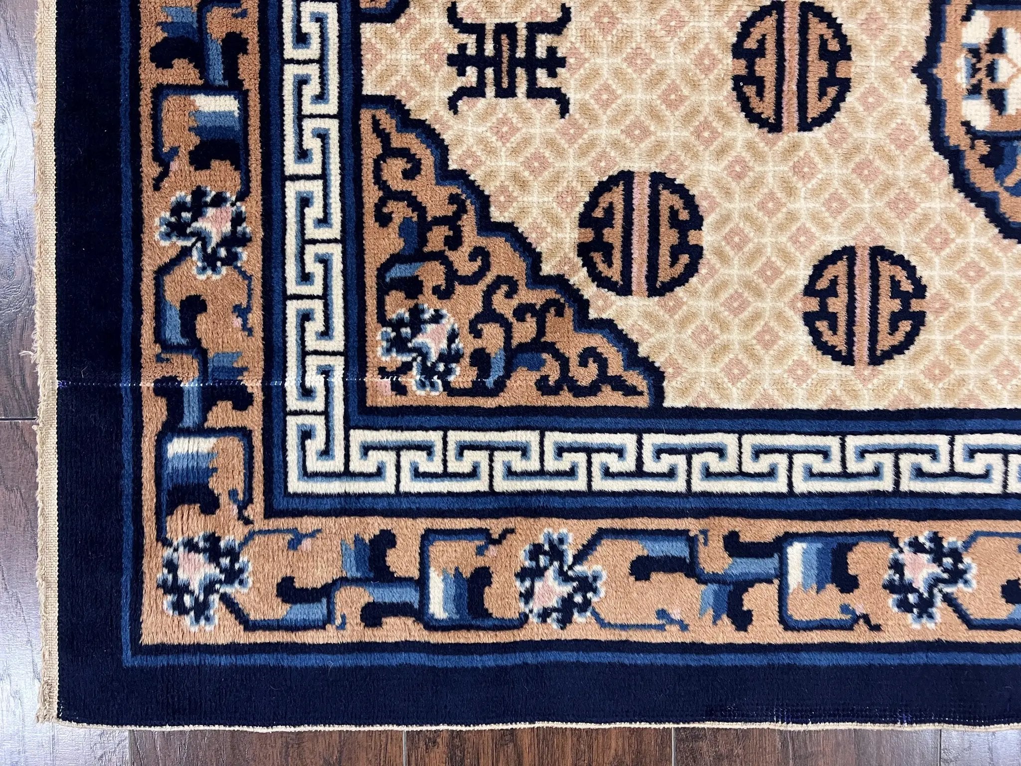 Chinese Peking Rug 3x5, Antique Chinese Art Deco Carpet, Blue Ivory Tan, Hand Knotted Wool Asian Oriental Rug 3 x 5 Vintage Small Peking Rug by Jewel Rugs
